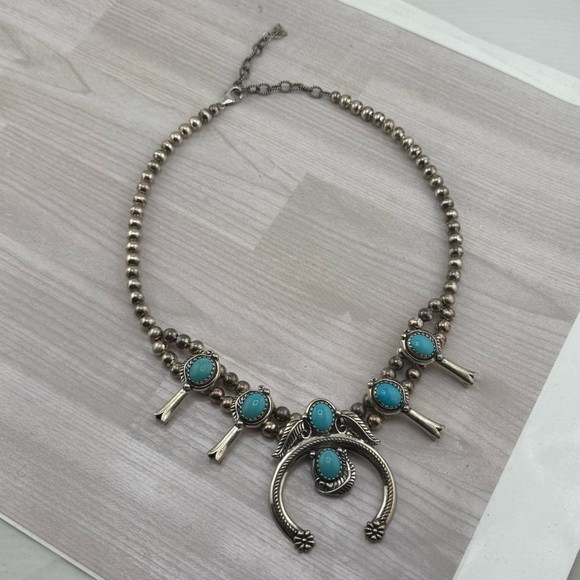 Sterling Silver Squash Blossom Necklace with Turquoise, Signed AW - Picture 7 of 13